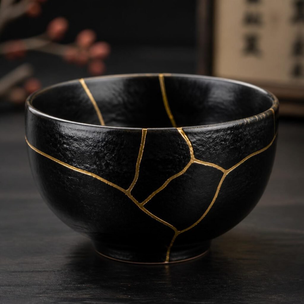 Un bol noir réparé avec des filets d'or selon la méthode japonaise du Kintsugi