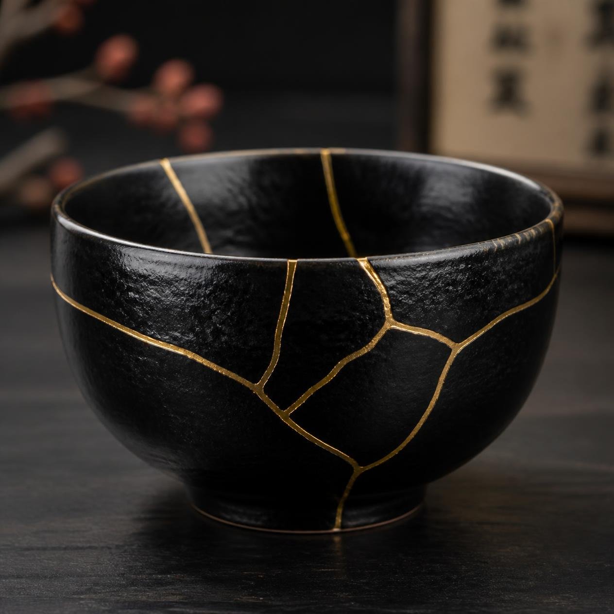 Un bol noir réparé avec des filets d'or selon la méthode japonaise du Kintsugi